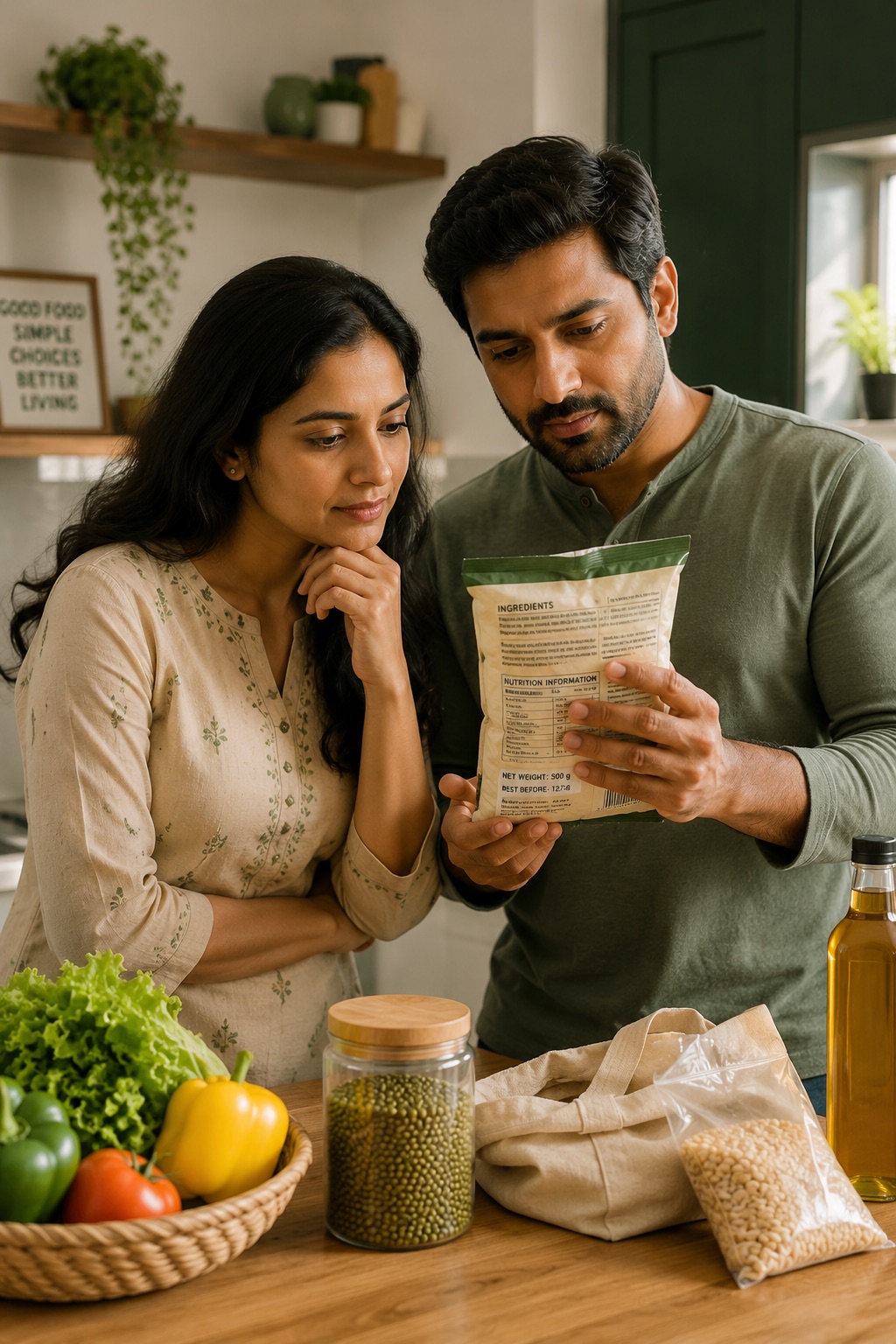 Family reading a natural food package label by Avani Farm Fresh